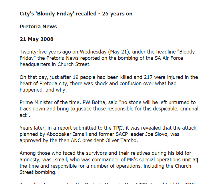 SA Air Force operation, City's 'Bloody Friday' recalled - 25 years on, Pretoria News, 21 May 2008 